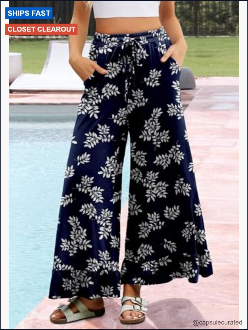 Wide Leg Palazzo Lounge Pants Drawstring Elastic High Waisted Ruffle Hem Pockets - Picture 2 of 5